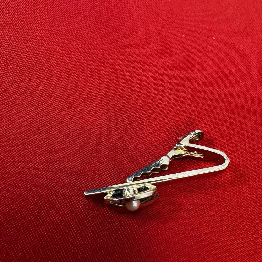 Vintage Shiny‎ Gold Tone TIE BAR CLIP CLASP STAY Faux Pearl